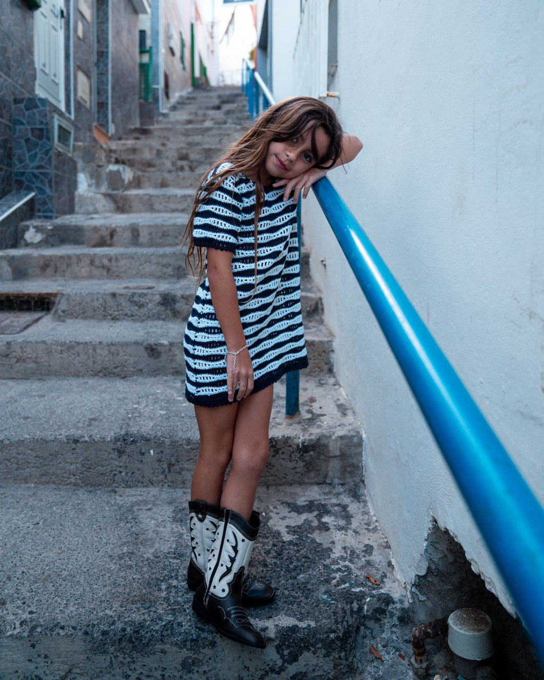 Wavy Crochet Dress - Navy/White